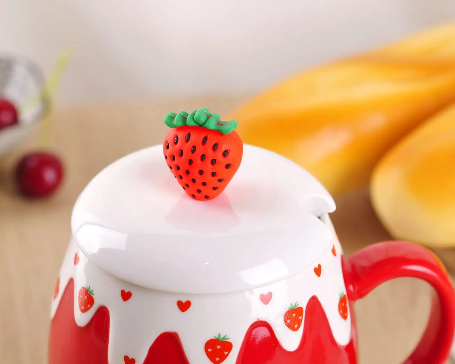 Strawberry Mug with Lid,Ceramic Mugs 450ML,Korean Kawaii Coffee Cups,Cute Breakfast Porcelain Mug for Woman,Student - Image 5