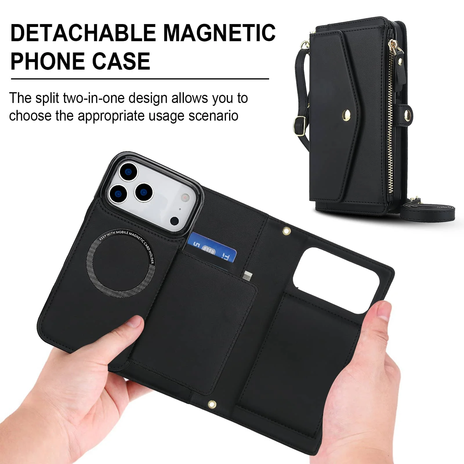 For iPhone 17 Pro Max/Air/17 Pro Wallet Case, RFID Blocking Card Holder, Detachable Magnetic Phone Cover with Crossbody Strap - Image 2