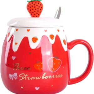 Strawberry Mug with Lid,Ceramic Mugs 450ML,Korean Kawaii Coffee Cups,Cute Breakfast Porcelain Mug for Woman,Student