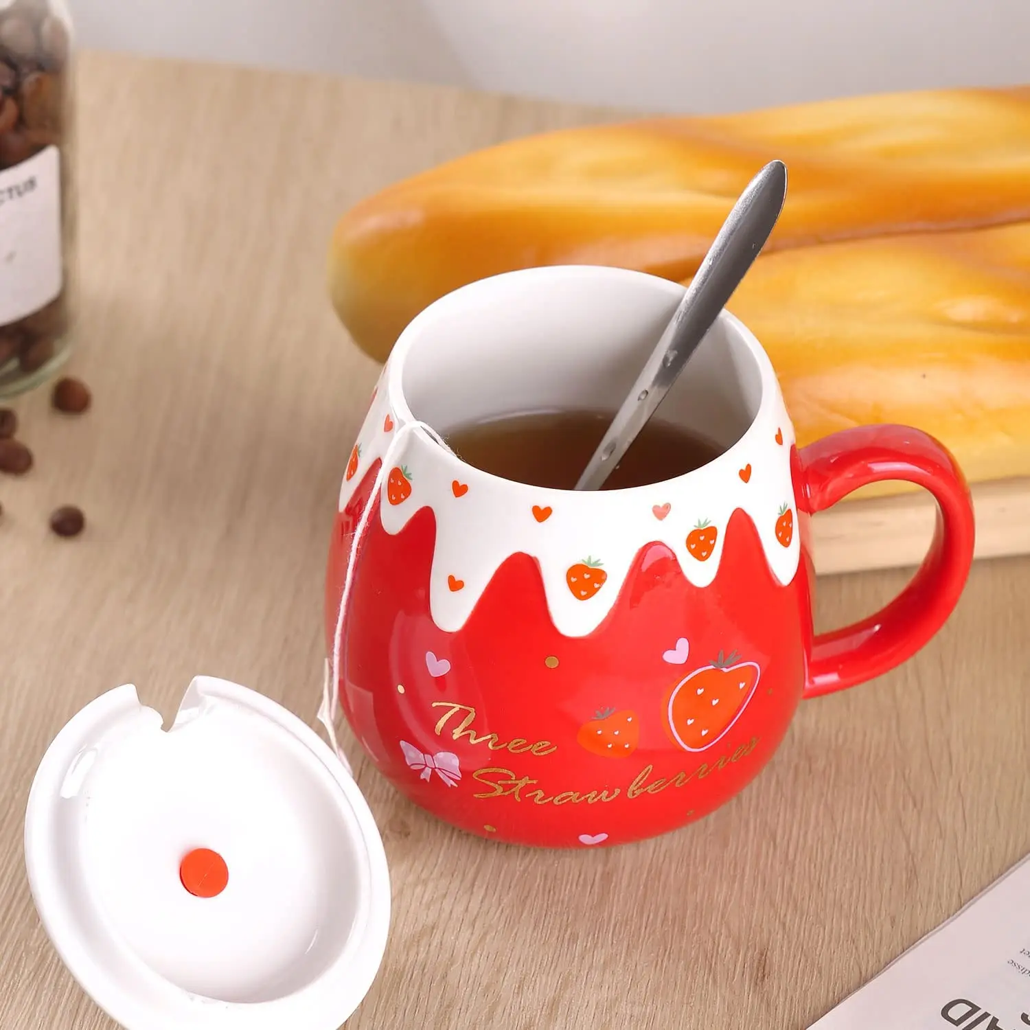 Strawberry Mug with Lid,Ceramic Mugs 450ML,Korean Kawaii Coffee Cups,Cute Breakfast Porcelain Mug for Woman,Student - Image 4
