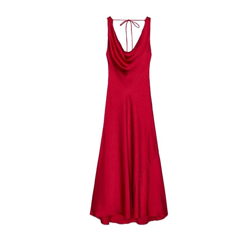 Ele Long Silk Satin Gown Asymmetrical Hem V-Ne Wide Strap Draped A-Line Summer Dr High Waist Polyester Fiber - Image 5