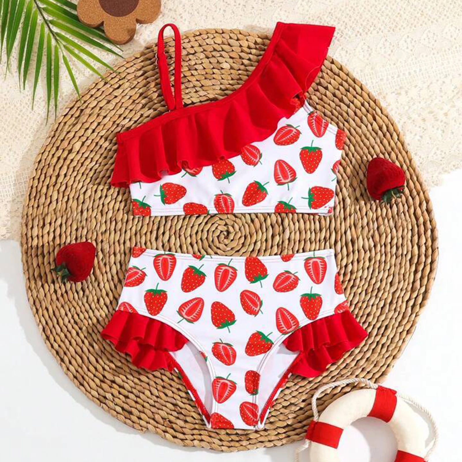 MISOWMNJOY Cute Ruffle Baby Girls Bikini Swimsuit Cute Princess Strawberry Print Beachwear Adjustable Children Bathing Suit - Image 2
