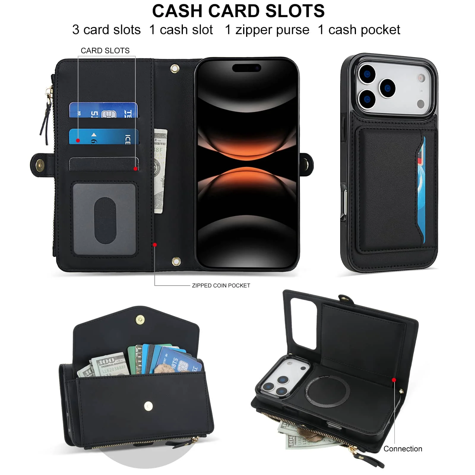 For iPhone 17 Pro Max/Air/17 Pro Wallet Case, RFID Blocking Card Holder, Detachable Magnetic Phone Cover with Crossbody Strap - Image 4