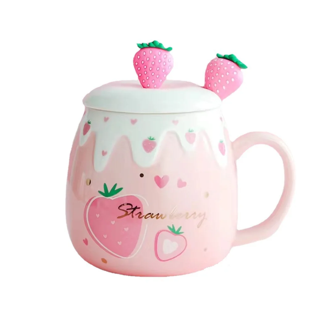 Strawberry Mug with Lid,Ceramic Mugs 450ML,Korean Kawaii Coffee Cups,Cute Breakfast Porcelain Mug for Woman,Student - Image 17