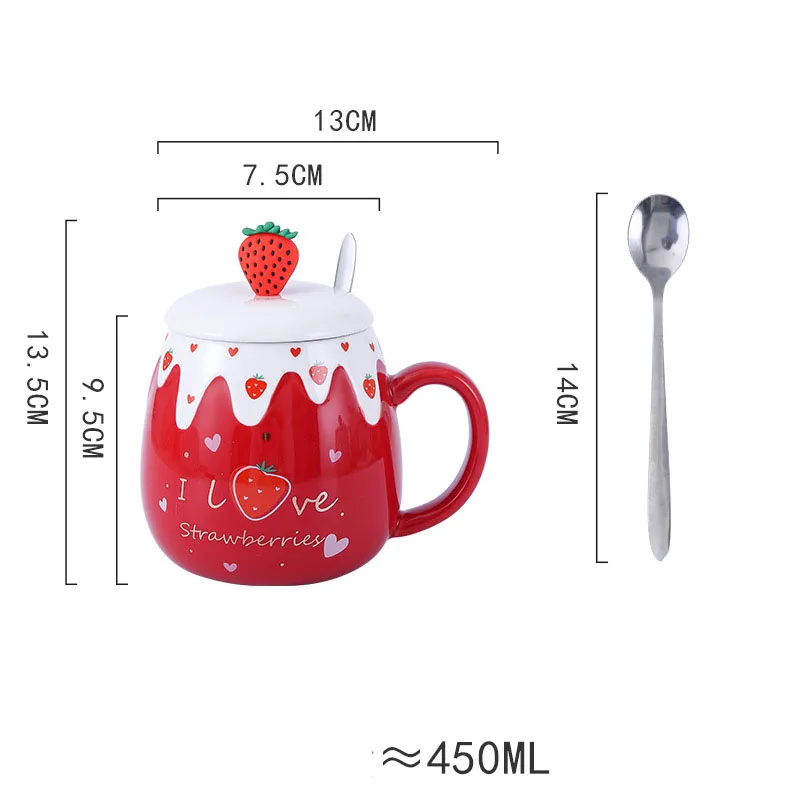 Strawberry Mug with Lid,Ceramic Mugs 450ML,Korean Kawaii Coffee Cups,Cute Breakfast Porcelain Mug for Woman,Student - Image 12