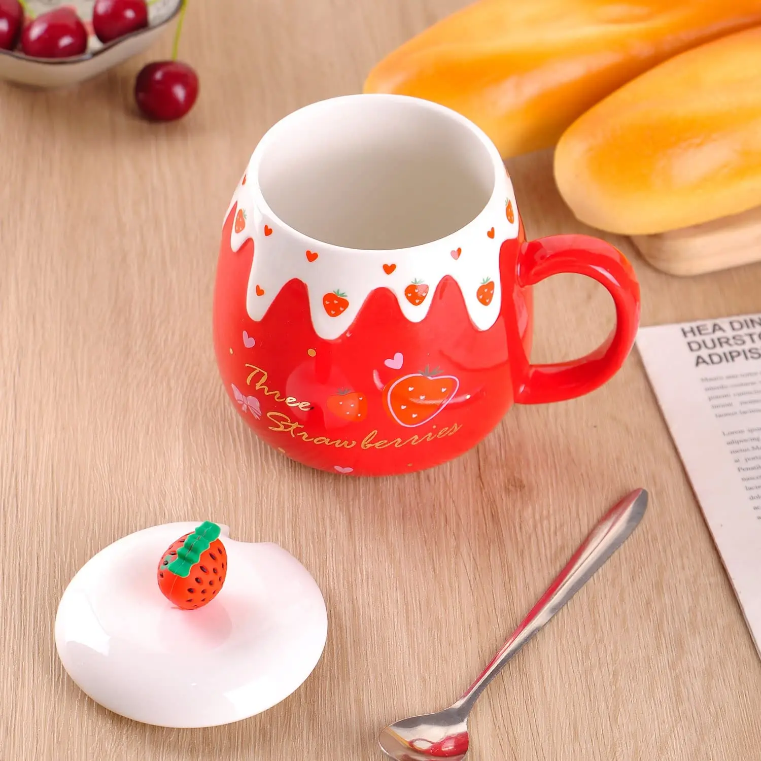 Strawberry Mug with Lid,Ceramic Mugs 450ML,Korean Kawaii Coffee Cups,Cute Breakfast Porcelain Mug for Woman,Student - Image 3