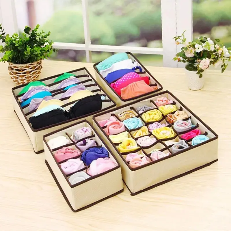 6/7/8/24 Grid Storage Box Beige Underwear Storage Box Four Piece Sock Storage Fabric Bra Storage Box - Image 3