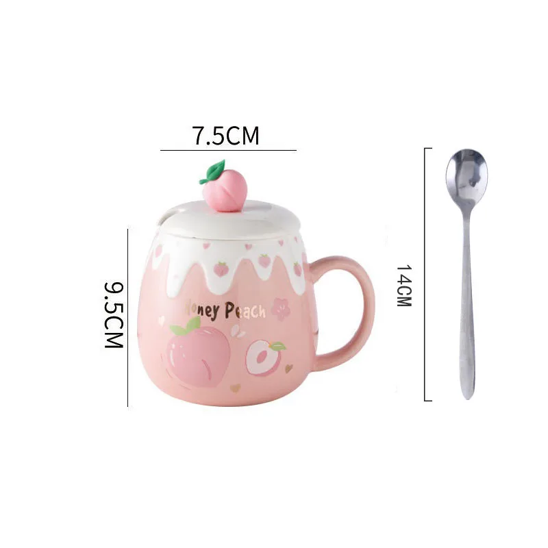Strawberry Mug with Lid,Ceramic Mugs 450ML,Korean Kawaii Coffee Cups,Cute Breakfast Porcelain Mug for Woman,Student - Image 9