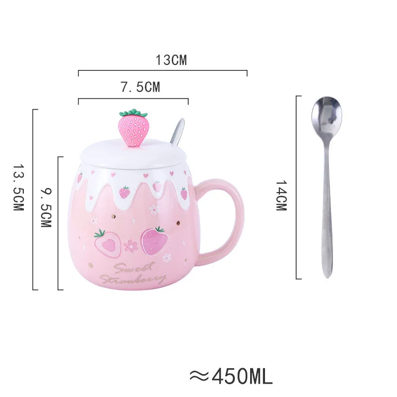 Strawberry Mug with Lid,Ceramic Mugs 450ML,Korean Kawaii Coffee Cups,Cute Breakfast Porcelain Mug for Woman,Student - Image 11
