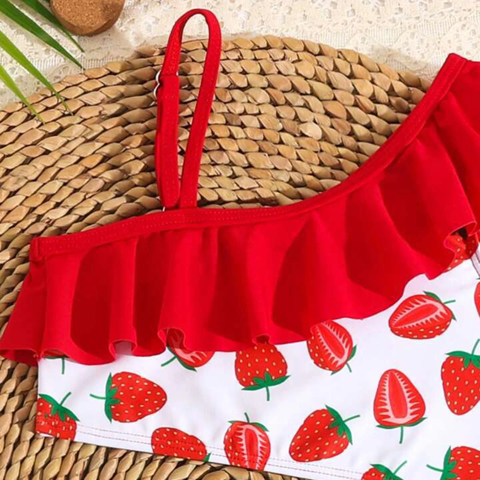 MISOWMNJOY Cute Ruffle Baby Girls Bikini Swimsuit Cute Princess Strawberry Print Beachwear Adjustable Children Bathing Suit - Image 4