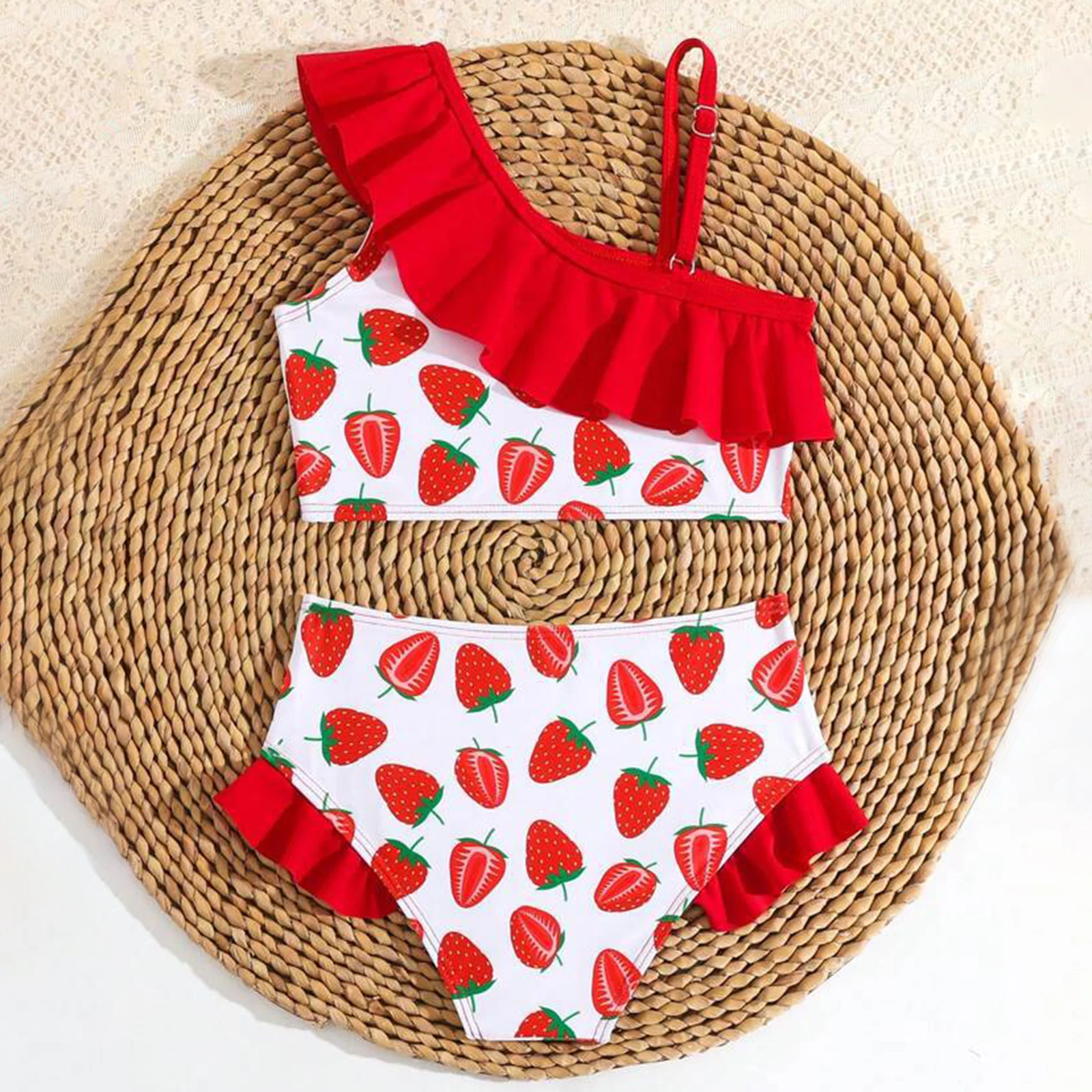 MISOWMNJOY Cute Ruffle Baby Girls Bikini Swimsuit Cute Princess Strawberry Print Beachwear Adjustable Children Bathing Suit - Image 3