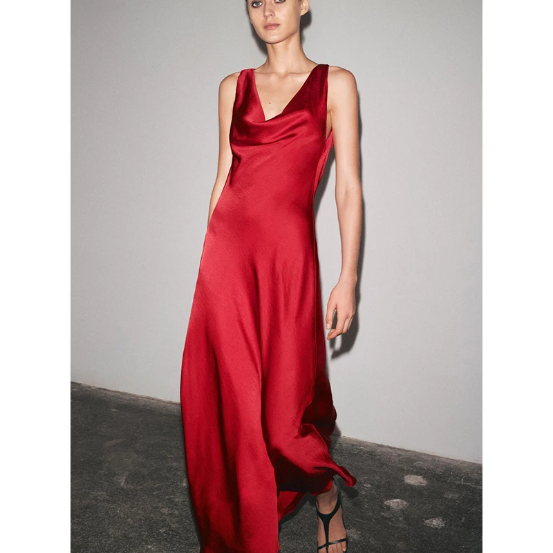 Ele Long Silk Satin Gown Asymmetrical Hem V-Ne Wide Strap Draped A-Line Summer Dr High Waist Polyester Fiber - Image 2