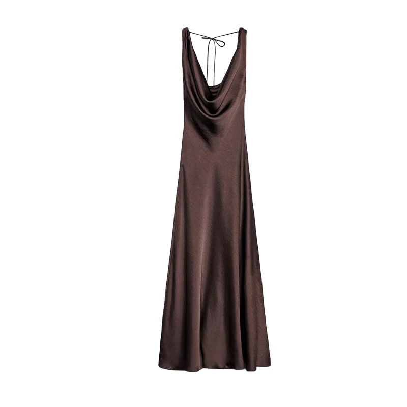 Ele Long Silk Satin Gown Asymmetrical Hem V-Ne Wide Strap Draped A-Line Summer Dr High Waist Polyester Fiber - Image 6