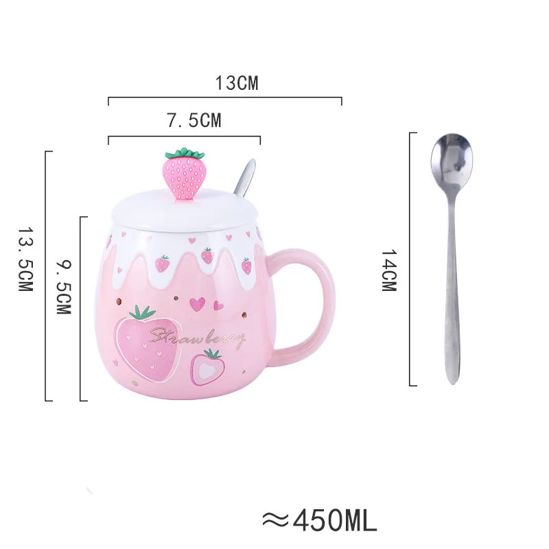 Strawberry Mug with Lid,Ceramic Mugs 450ML,Korean Kawaii Coffee Cups,Cute Breakfast Porcelain Mug for Woman,Student - Image 10