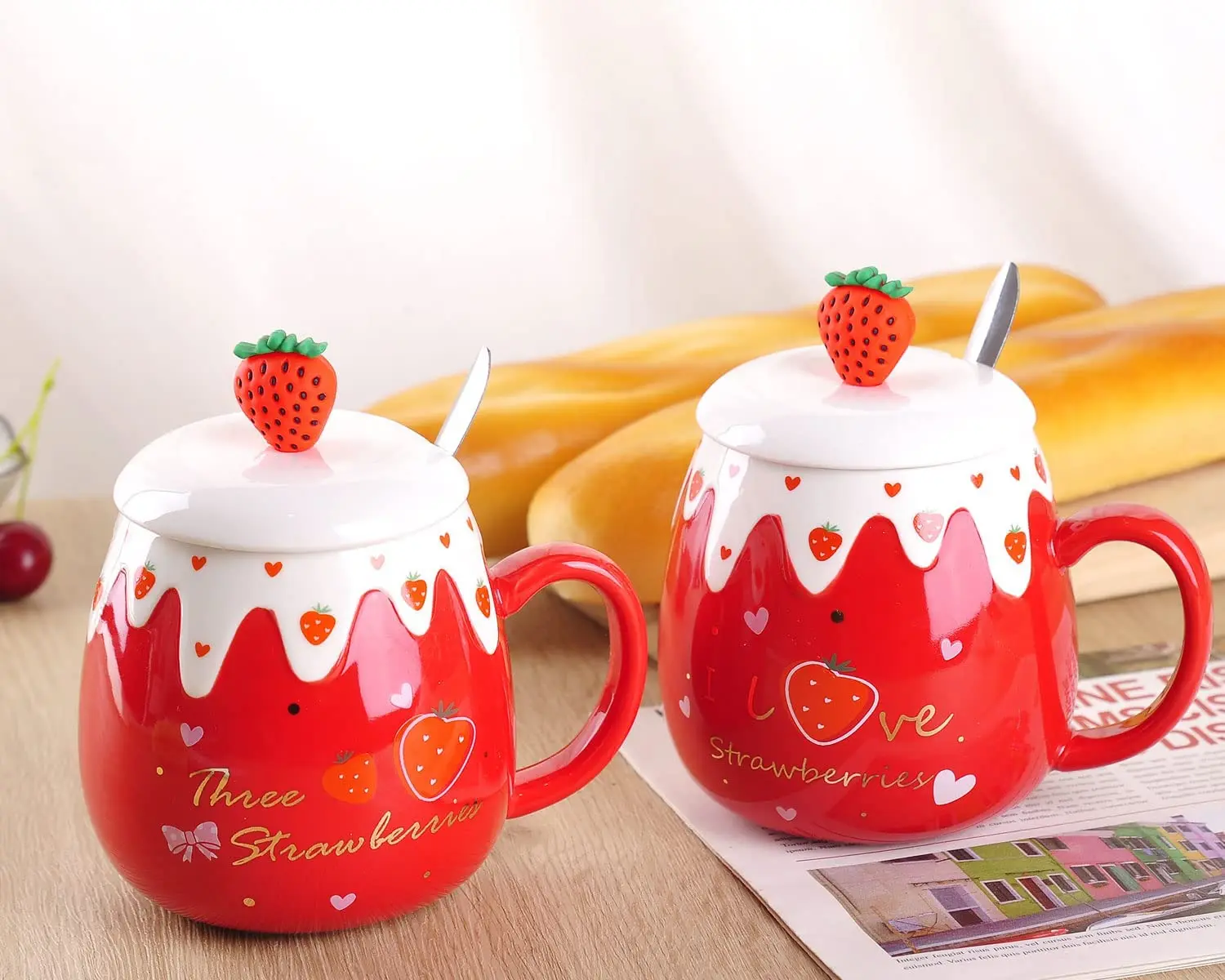 Strawberry Mug with Lid,Ceramic Mugs 450ML,Korean Kawaii Coffee Cups,Cute Breakfast Porcelain Mug for Woman,Student - Image 6