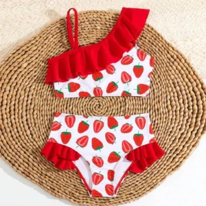 MISOWMNJOY Cute Ruffle Baby Girls Bikini Swimsuit Cute Princess Strawberry Print Beachwear Adjustable Children Bathing Suit