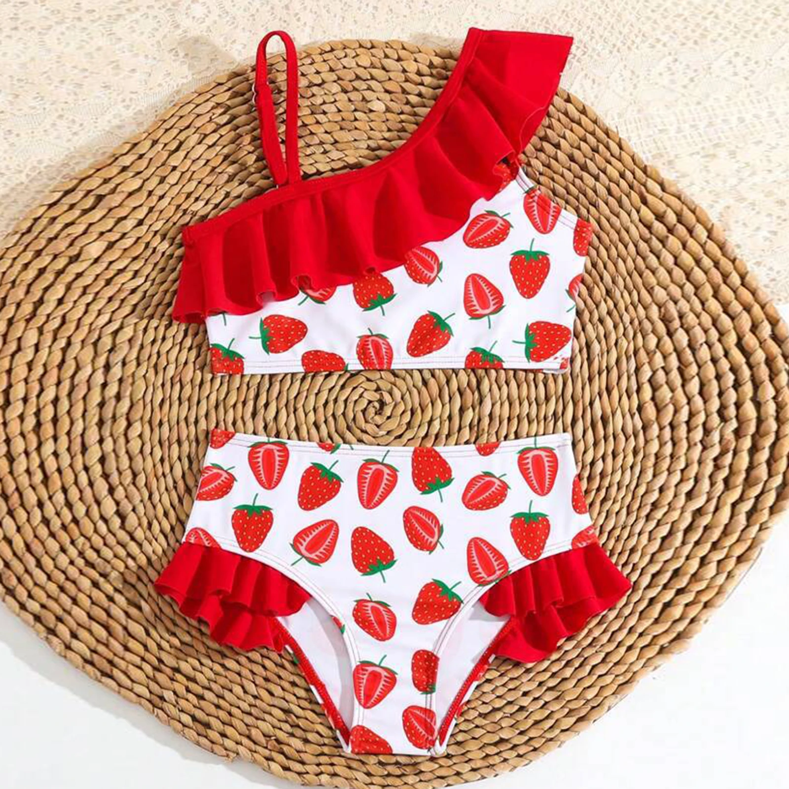 MISOWMNJOY Cute Ruffle Baby Girls Bikini Swimsuit Cute Princess Strawberry Print Beachwear Adjustable Children Bathing Suit