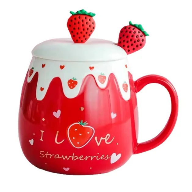 Strawberry Mug with Lid,Ceramic Mugs 450ML,Korean Kawaii Coffee Cups,Cute Breakfast Porcelain Mug for Woman,Student - Image 19